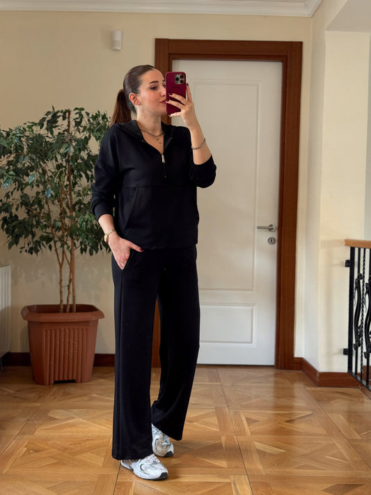 MODAL KUMAŞ KANGURU CEP YARIM FERMUAR TAKIM-SİYAH