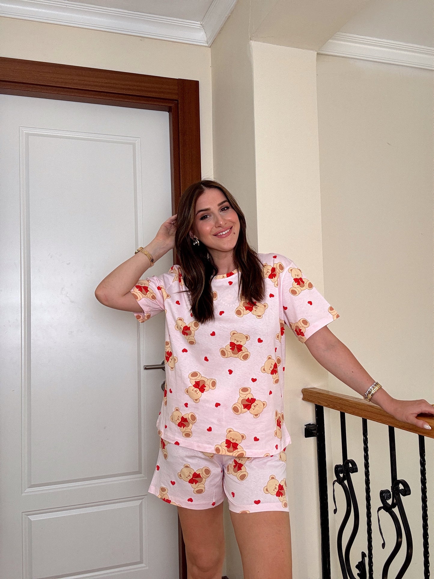 Kalpli Ayıcık Baskılı Pijama Takımı Pembe