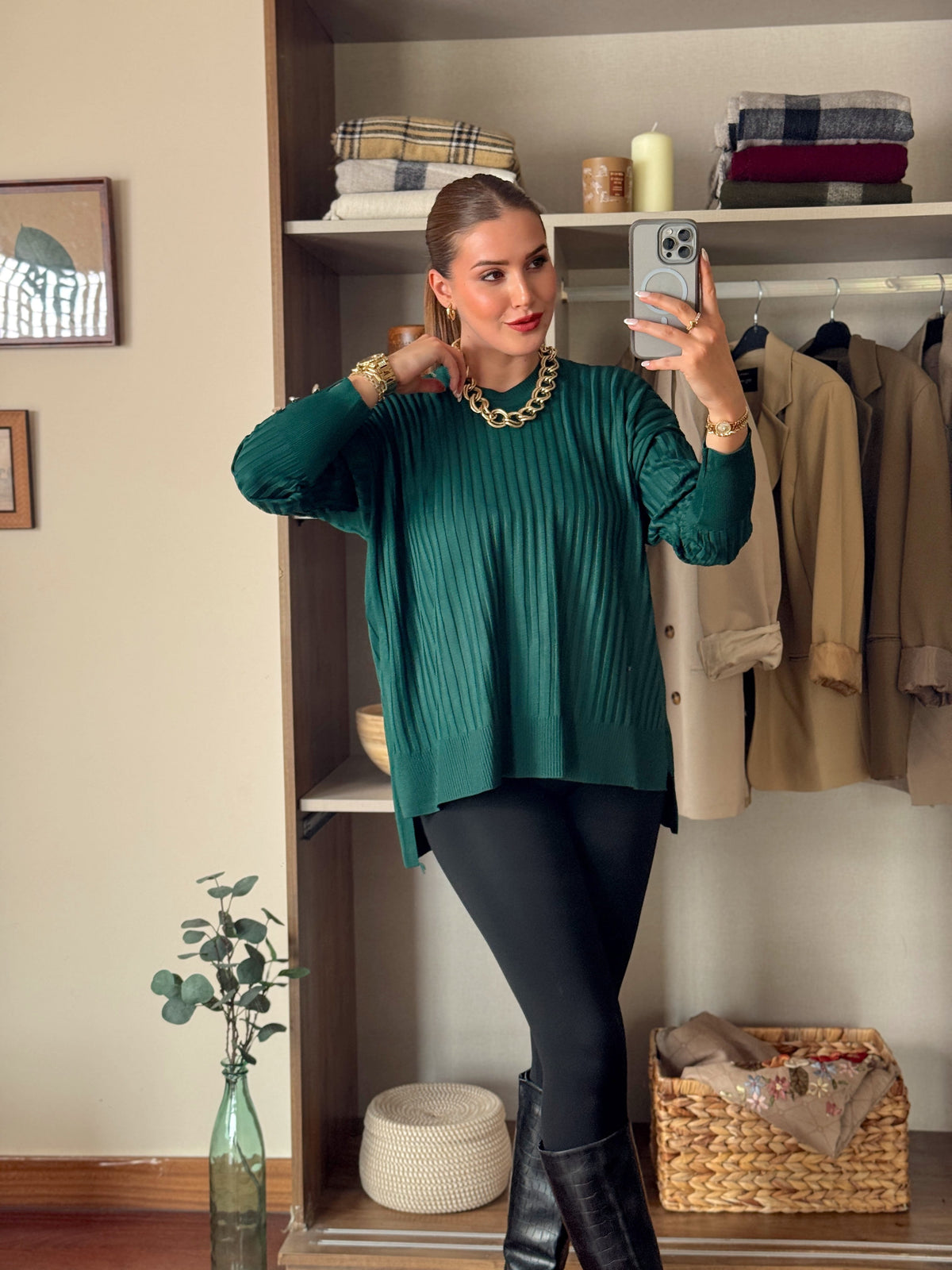 Oversize kesim düğmeli bol kazak Zümrüt