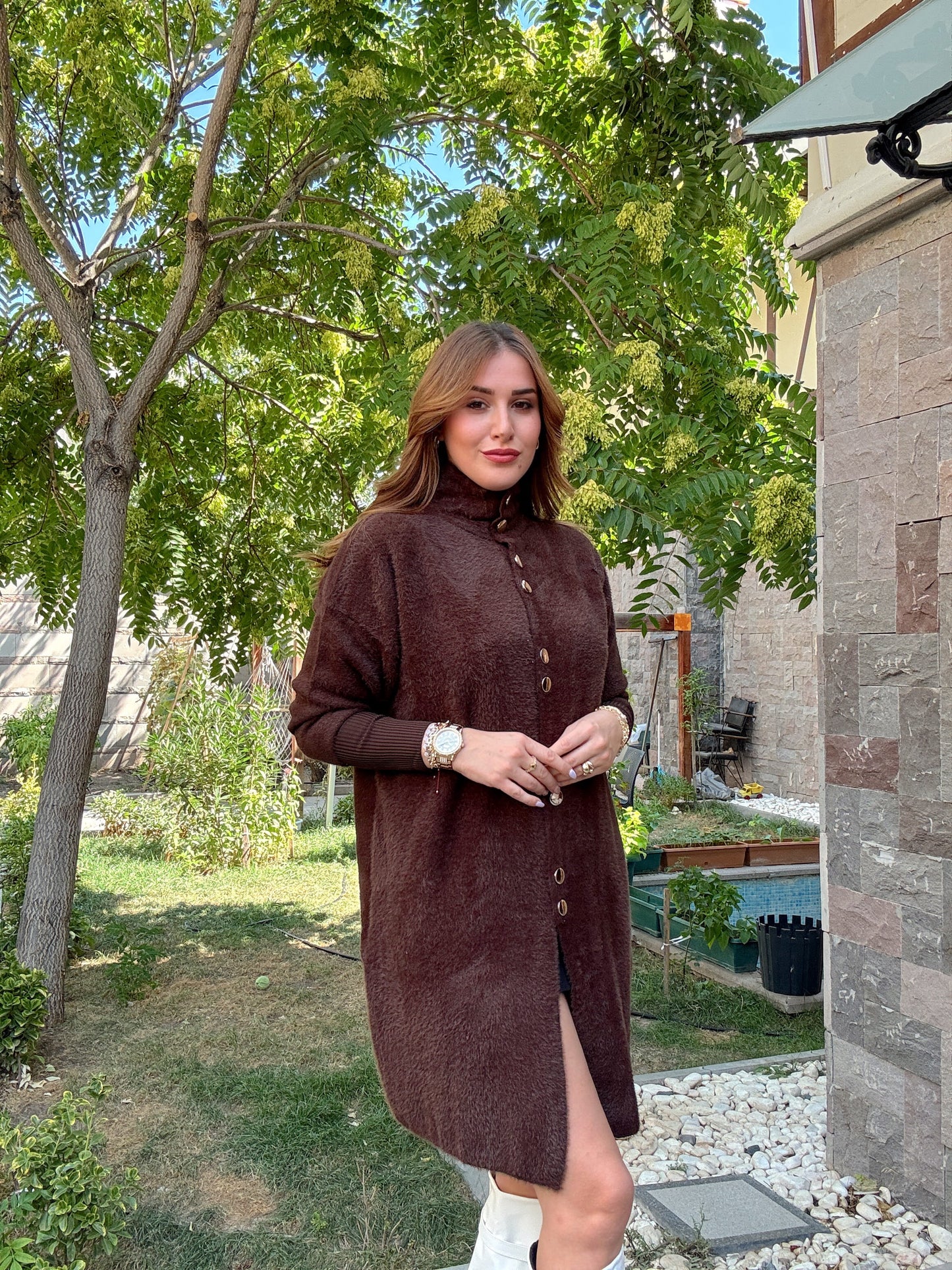 Sakal kumaş düğmeli premium hırka Kahve
