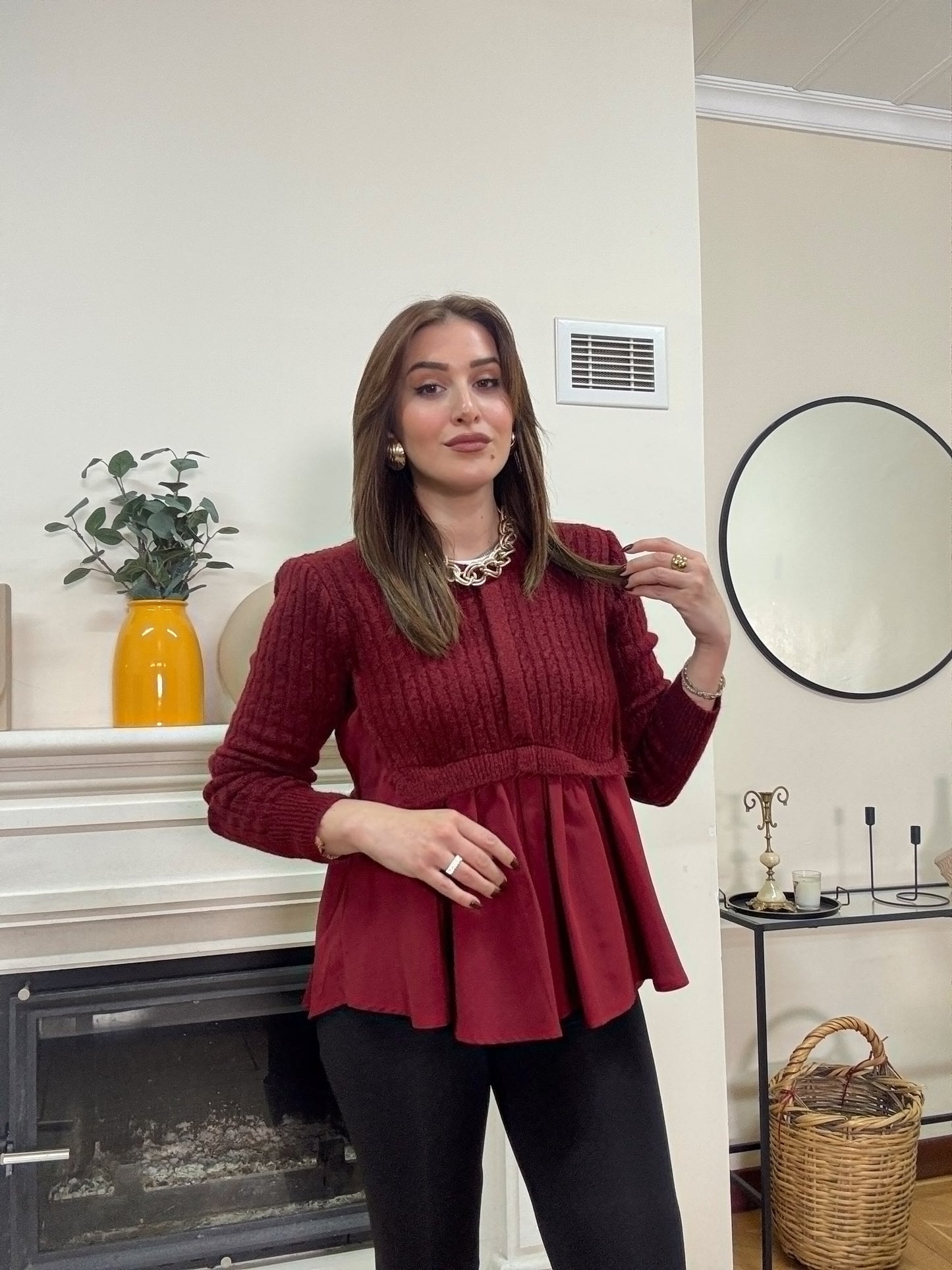 Poplin gömlek garnili triko kazak -BORDO