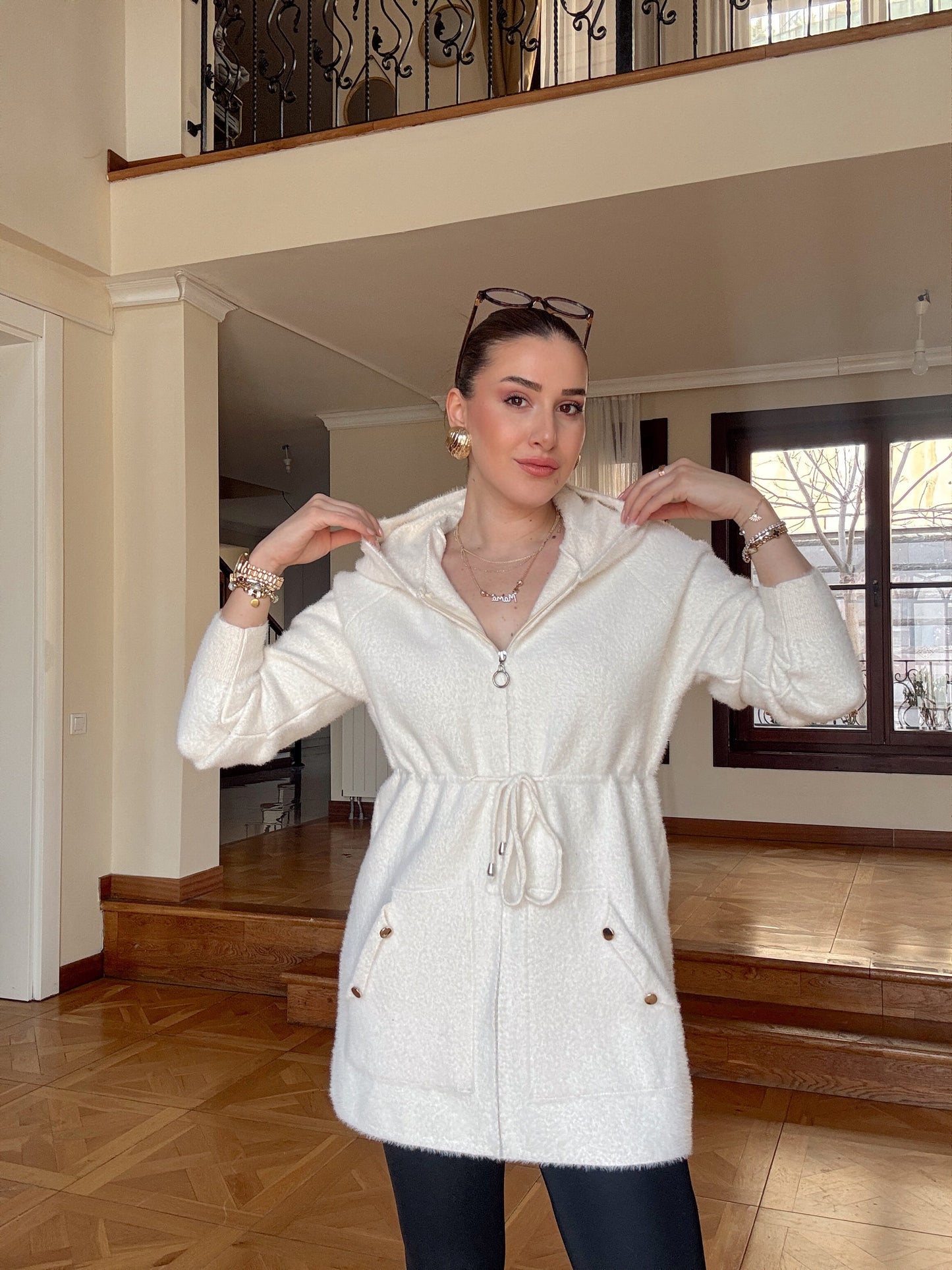 Fermuarlı kapşonlu sakal kumaş hırka-EKRU