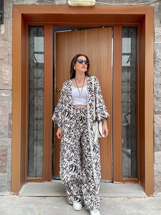 Desenli Kimono Takım Beyaz