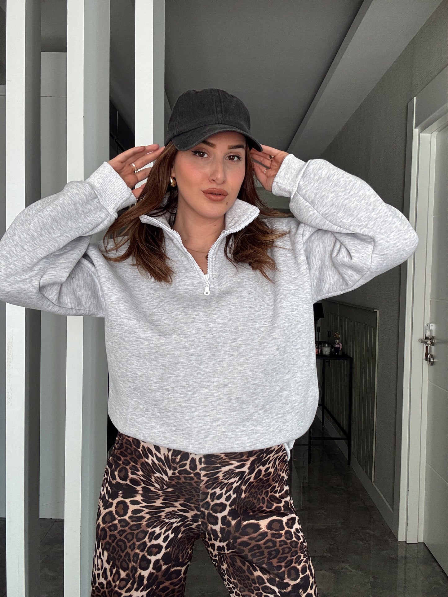 Yarım Fermuar Basic 3 İplik Şardonlu Sweatshirt - GRİ