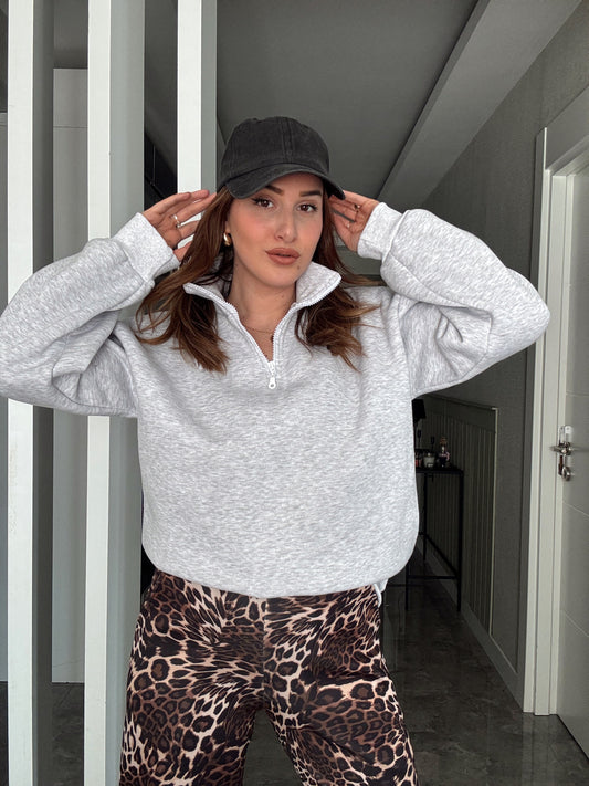 Yarım Fermuar Basic 3 İplik Şardonlu Sweatshirt - GRİ