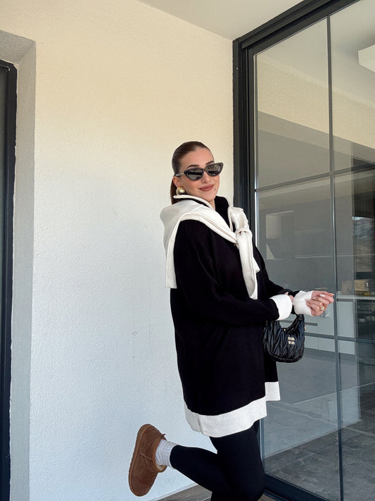 Yaka Renkli Fermuarlı Triko Kazak - SİYAH