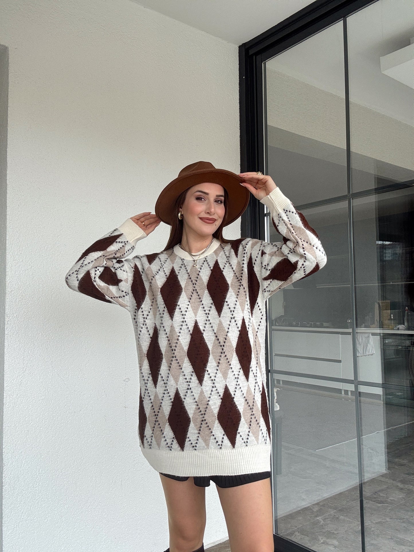 Tunik boy oversize baklava desenli kazak-BEJ