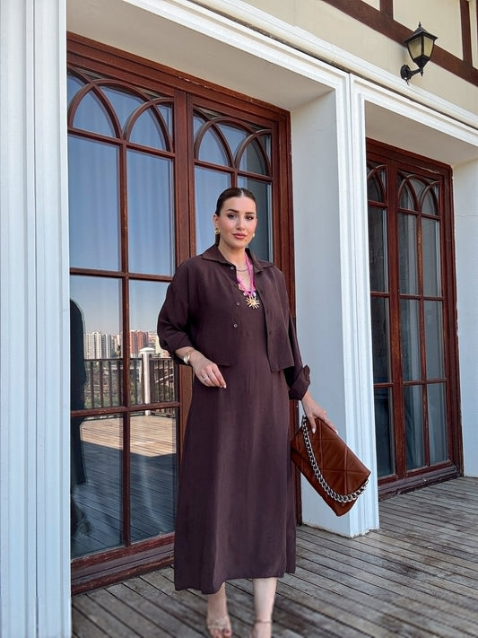 LİZBON gömlek elbiseli ikili takım KAHVERENGİ