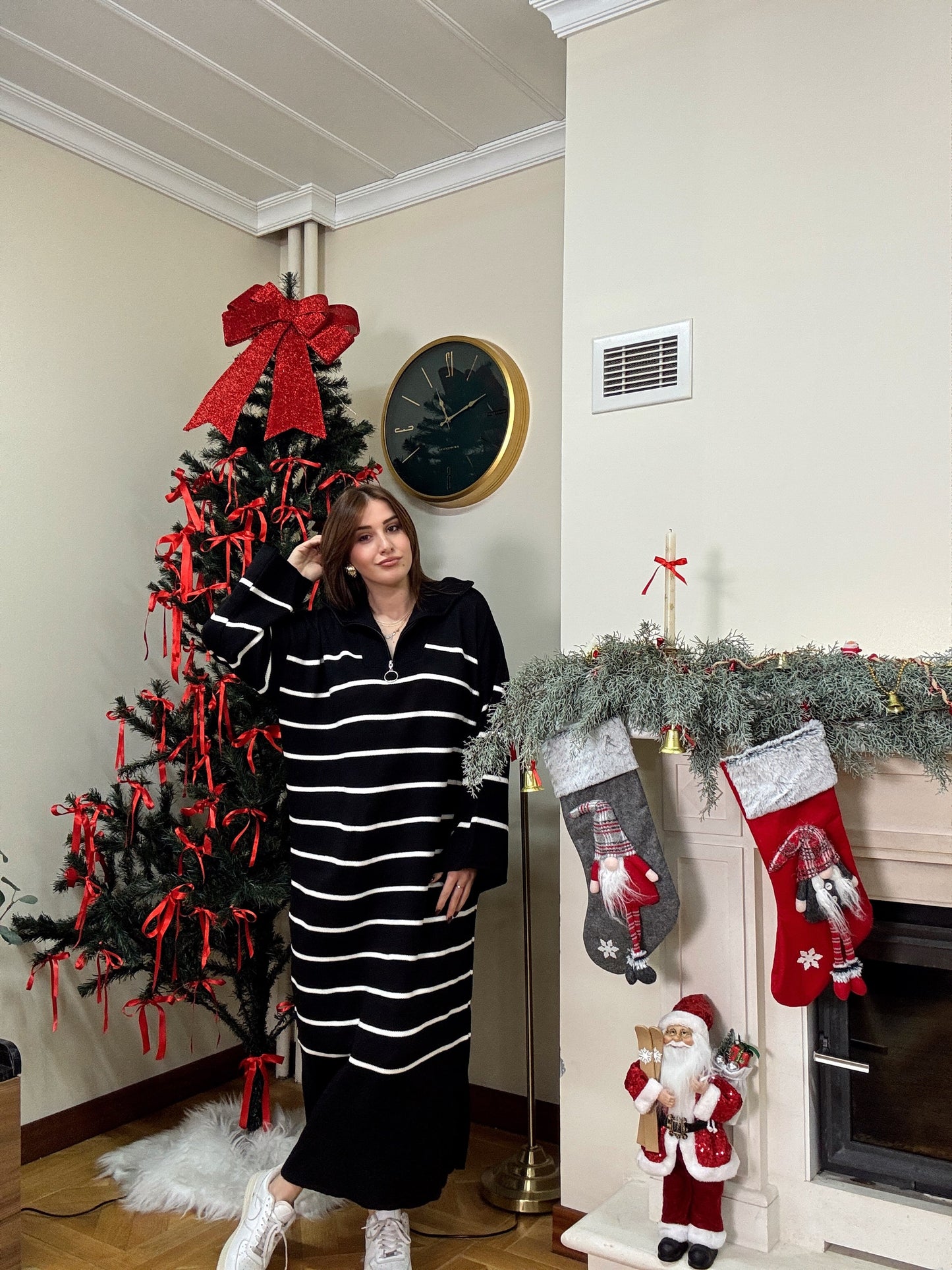 Fermuarlı çizgili triko elbise-SİYAH