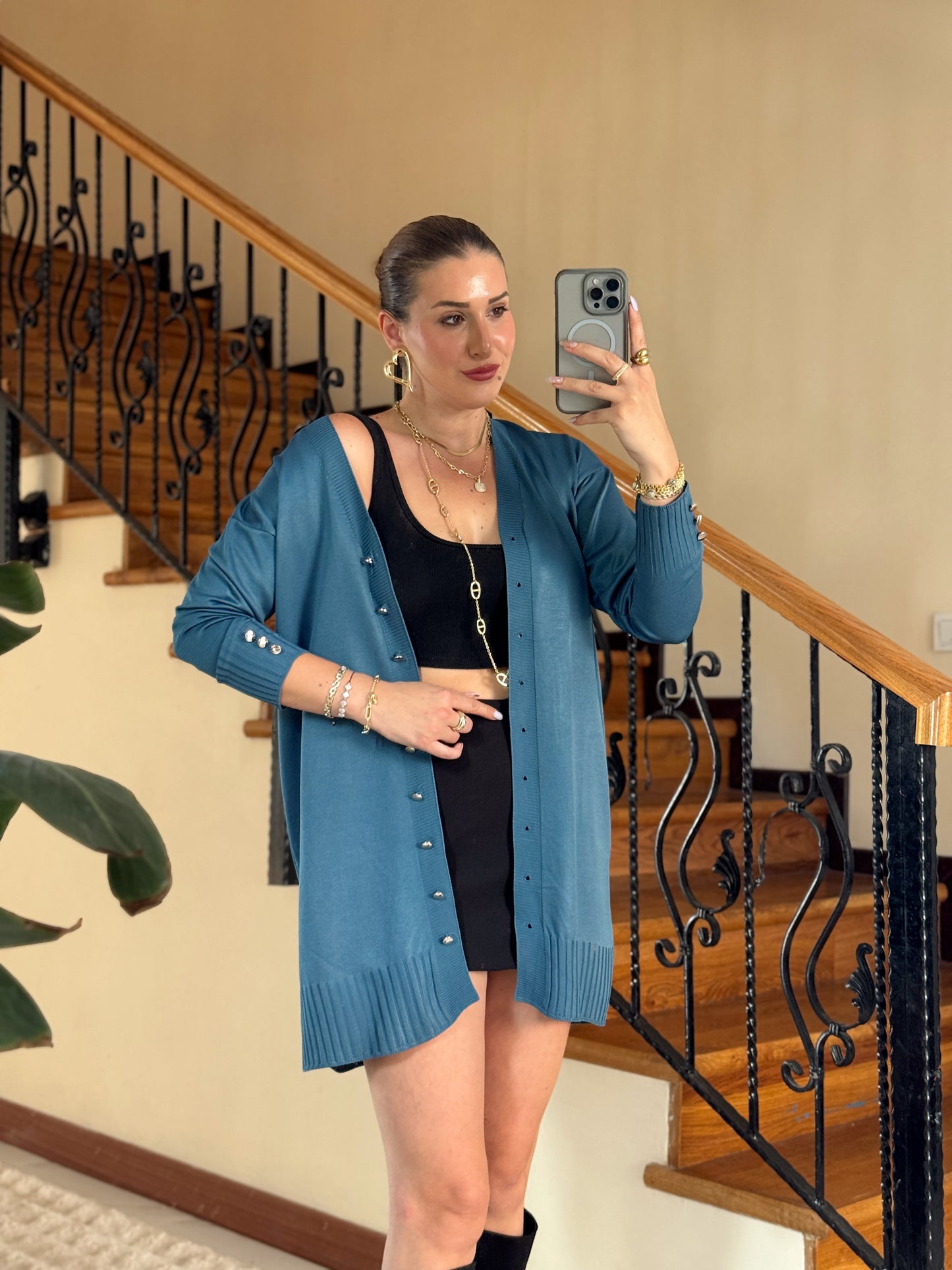 Düz basic uzun hırka indigo