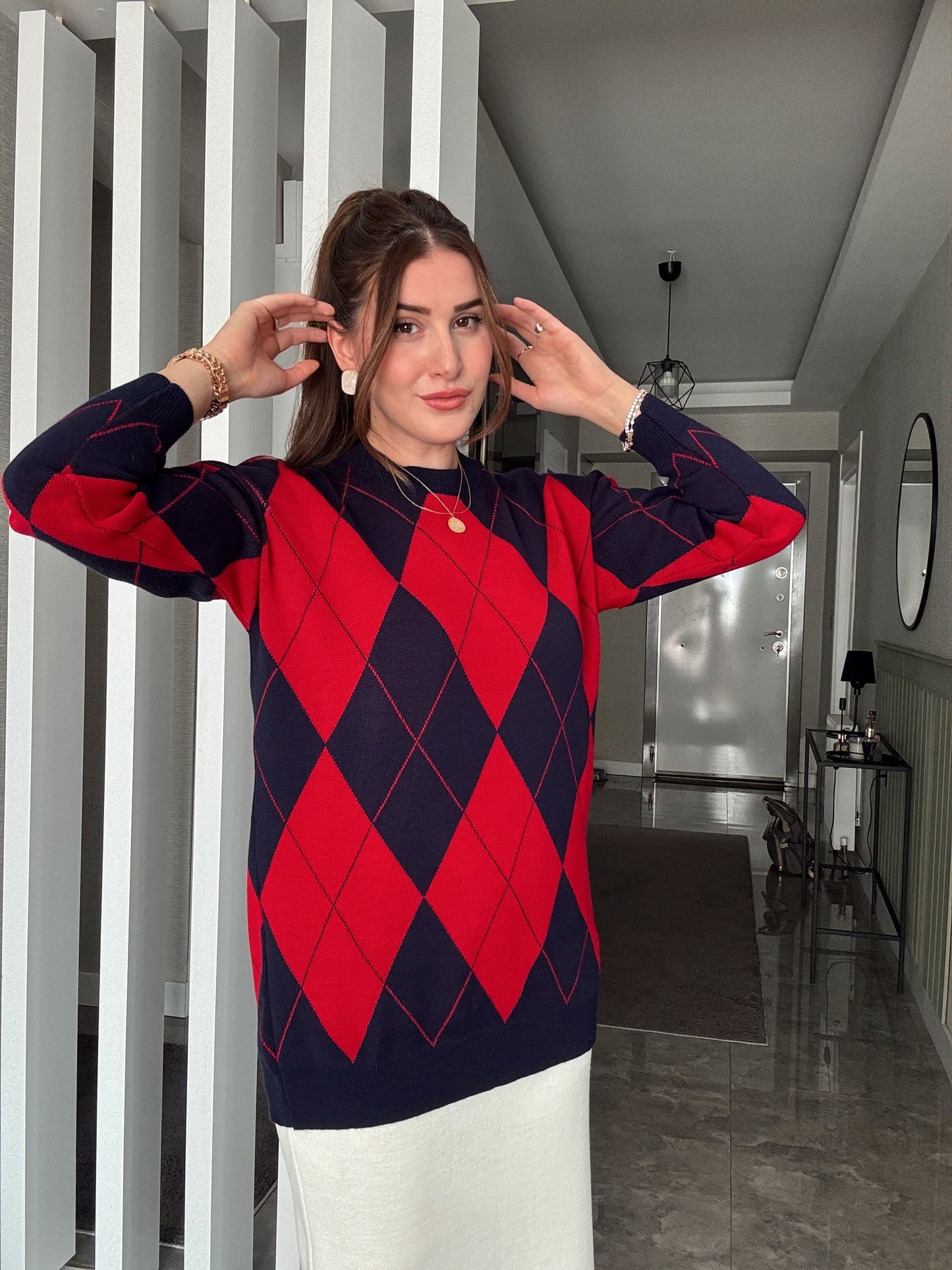 Pike Örgü Baklava Desenli Kazak KIRMIZI