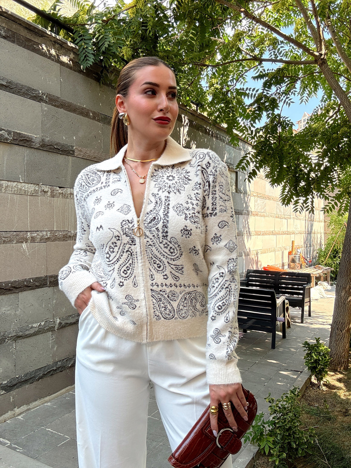Etnik desen fermuarlı ceket Kahve