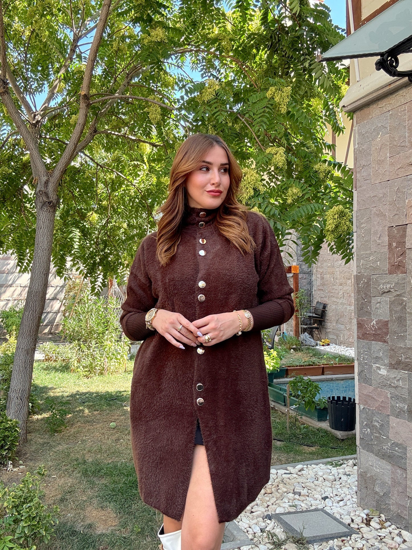 Sakal kumaş düğmeli premium hırka Kahve