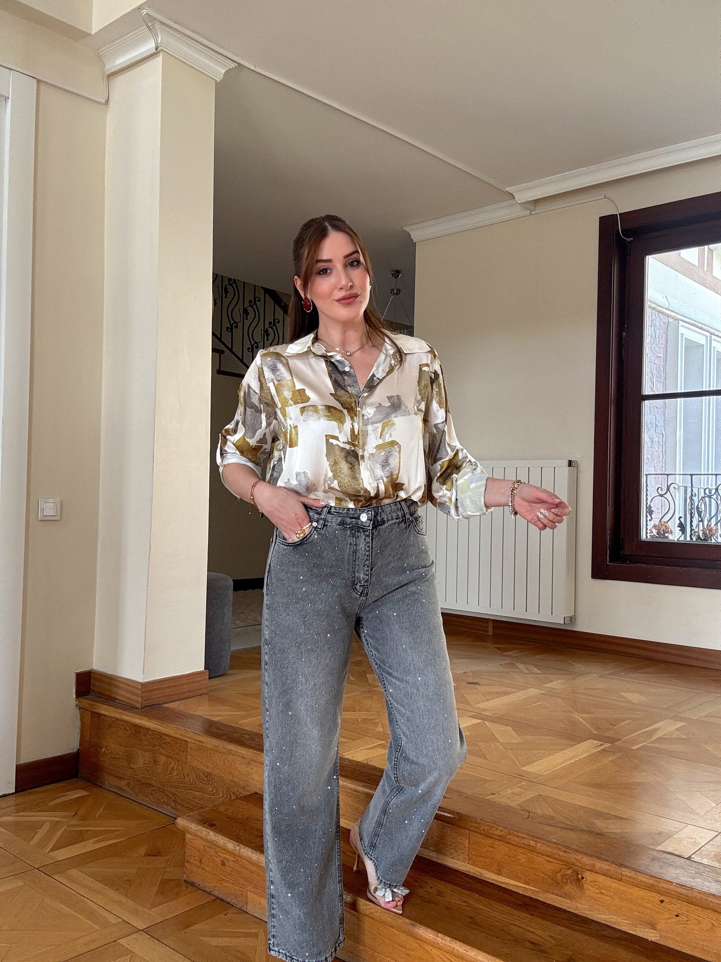 Taşlı Palazzo Jean Pantolon Gri