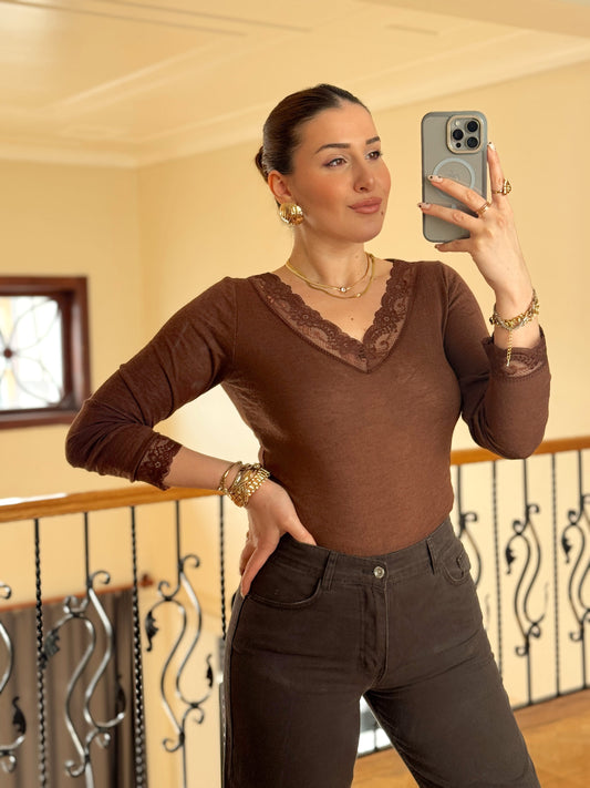 Dantelli Transparan Viskon Bluz-KAHVERENGİ