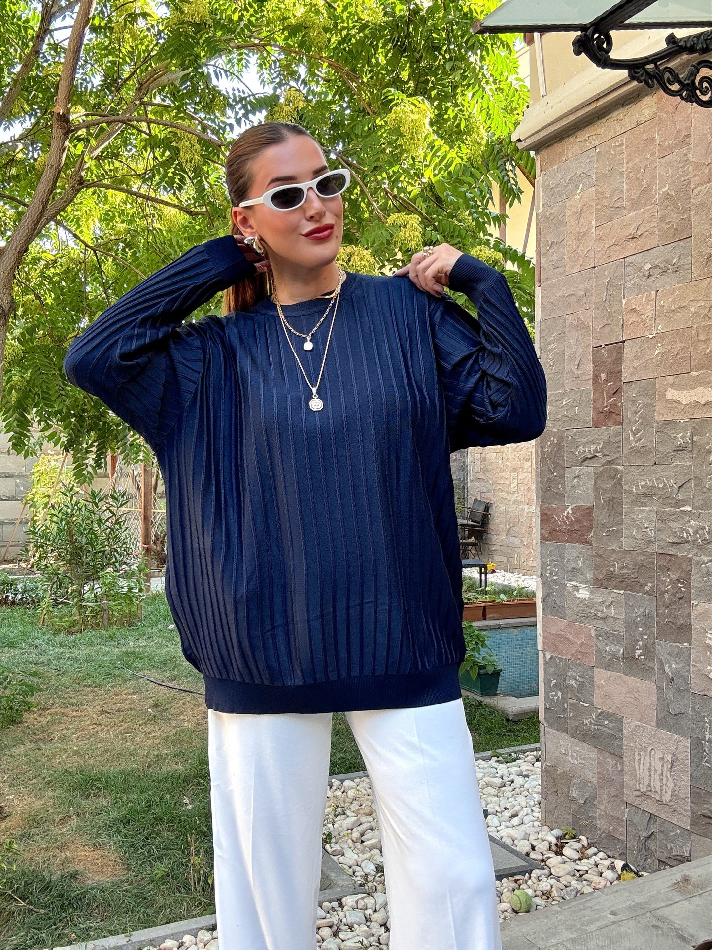 Şerit detaylı oversize premium kazak Lacivert