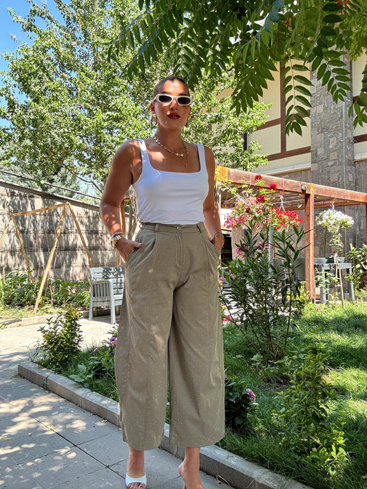 Taşlı arka bel lastikli bilek boy pantolon Haki