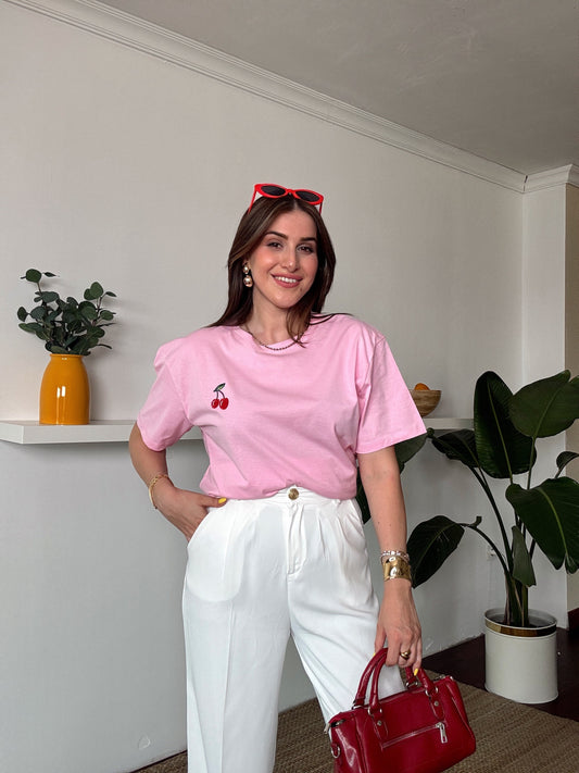 Kiraz nakış detaylı tişört PEMBE