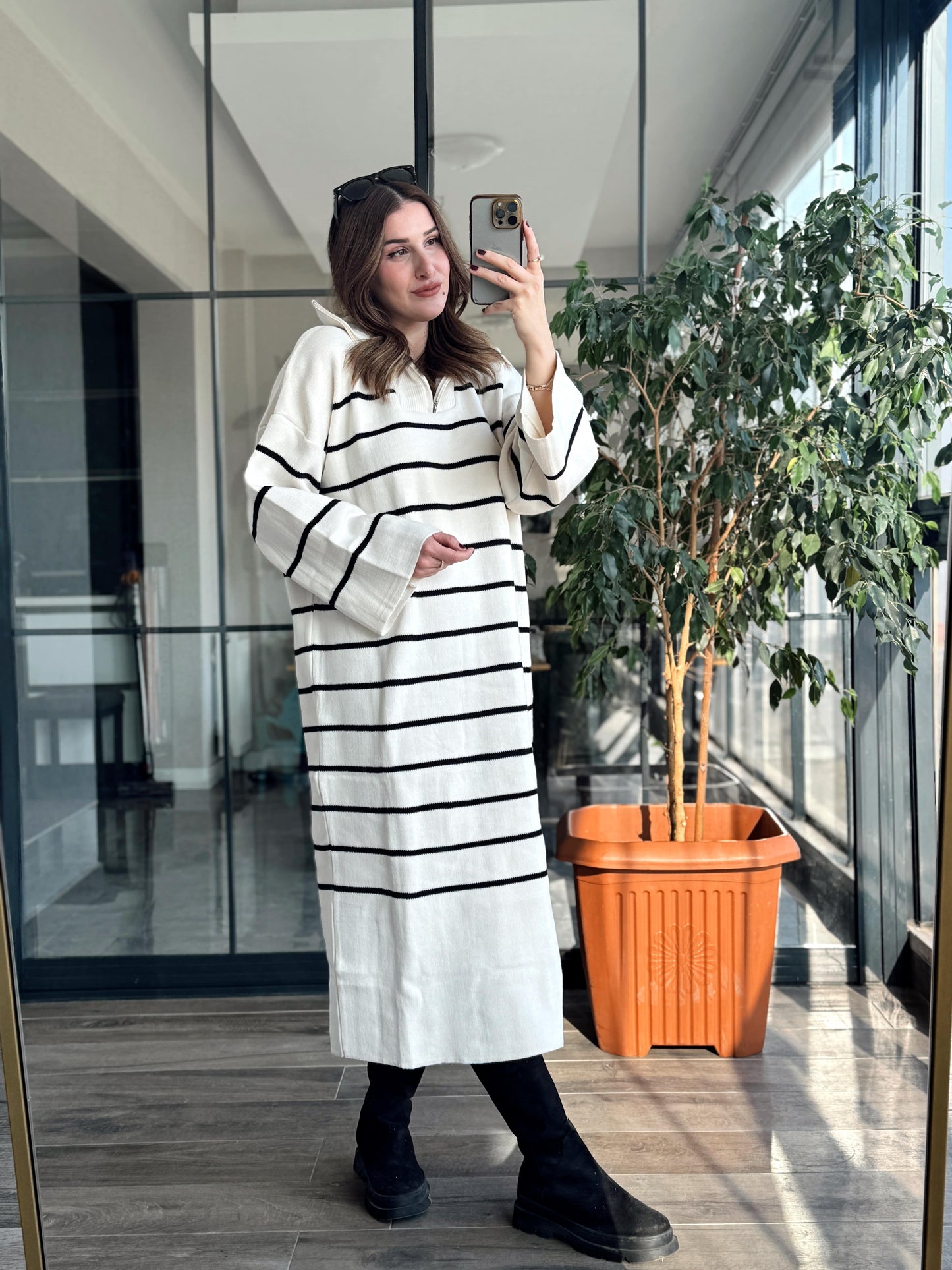 Fermuarlı Çizgili Triko Elbise LATTE