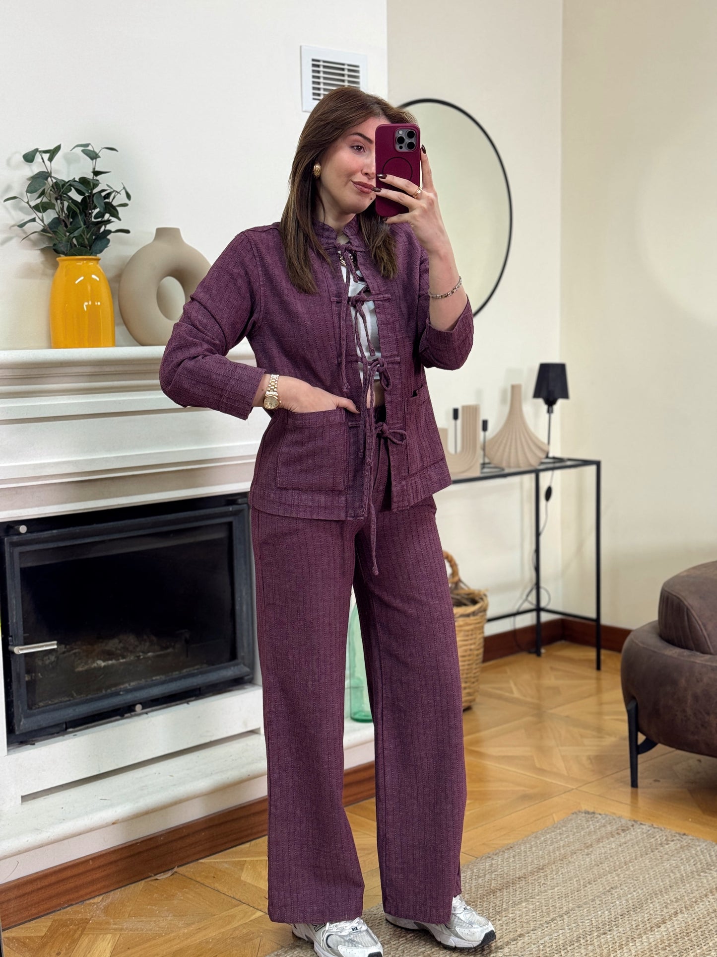 RUFFY bağlamalı yıkamalı gabardin ikili takım BORDO