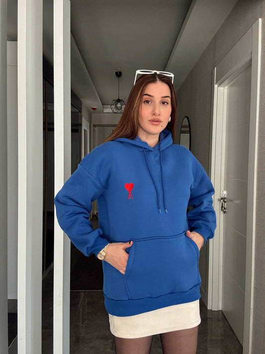 A Nakış Kapüşonlu Şardonlu 3 İplik Sweatshirt - SAKS MAVİ