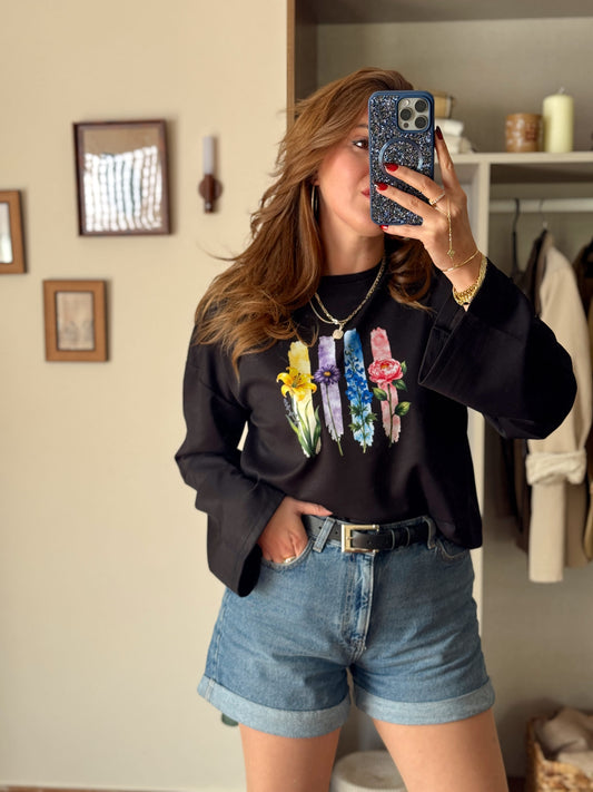 Çiçek desenli modal sweat Siyah