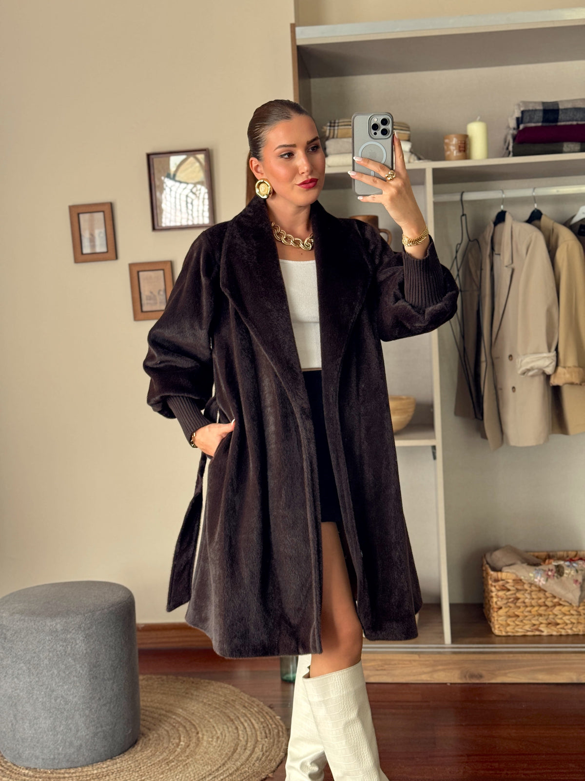 Kırçıllı sakal kumaş kaban Kahve