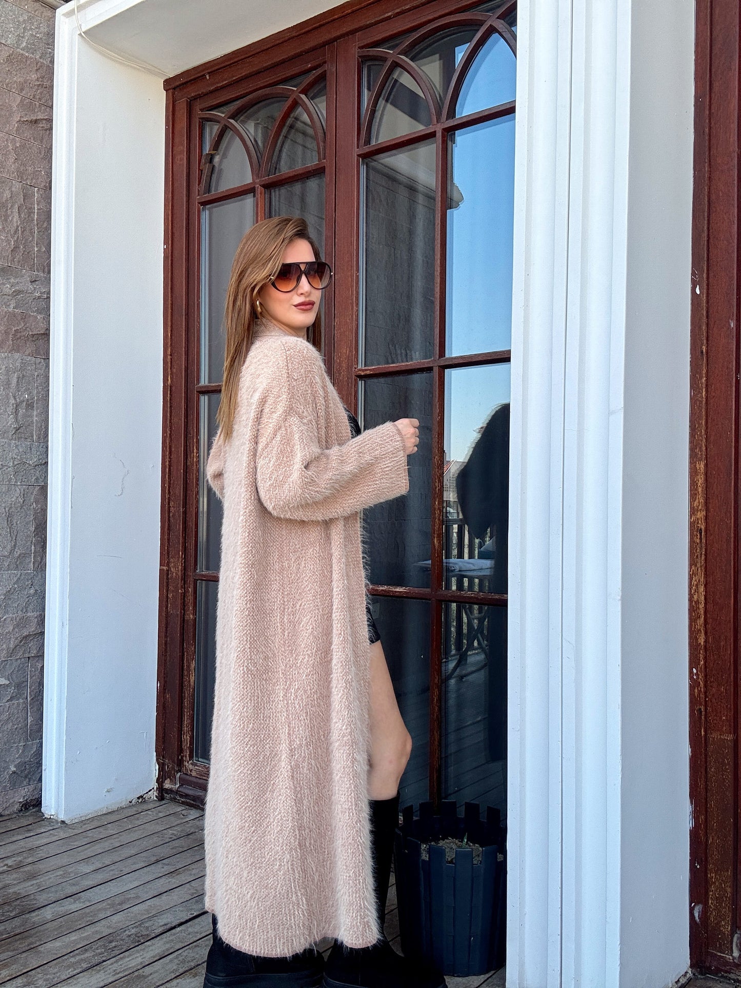 Kırçıllı sakal kumaş uzun hırka Camel