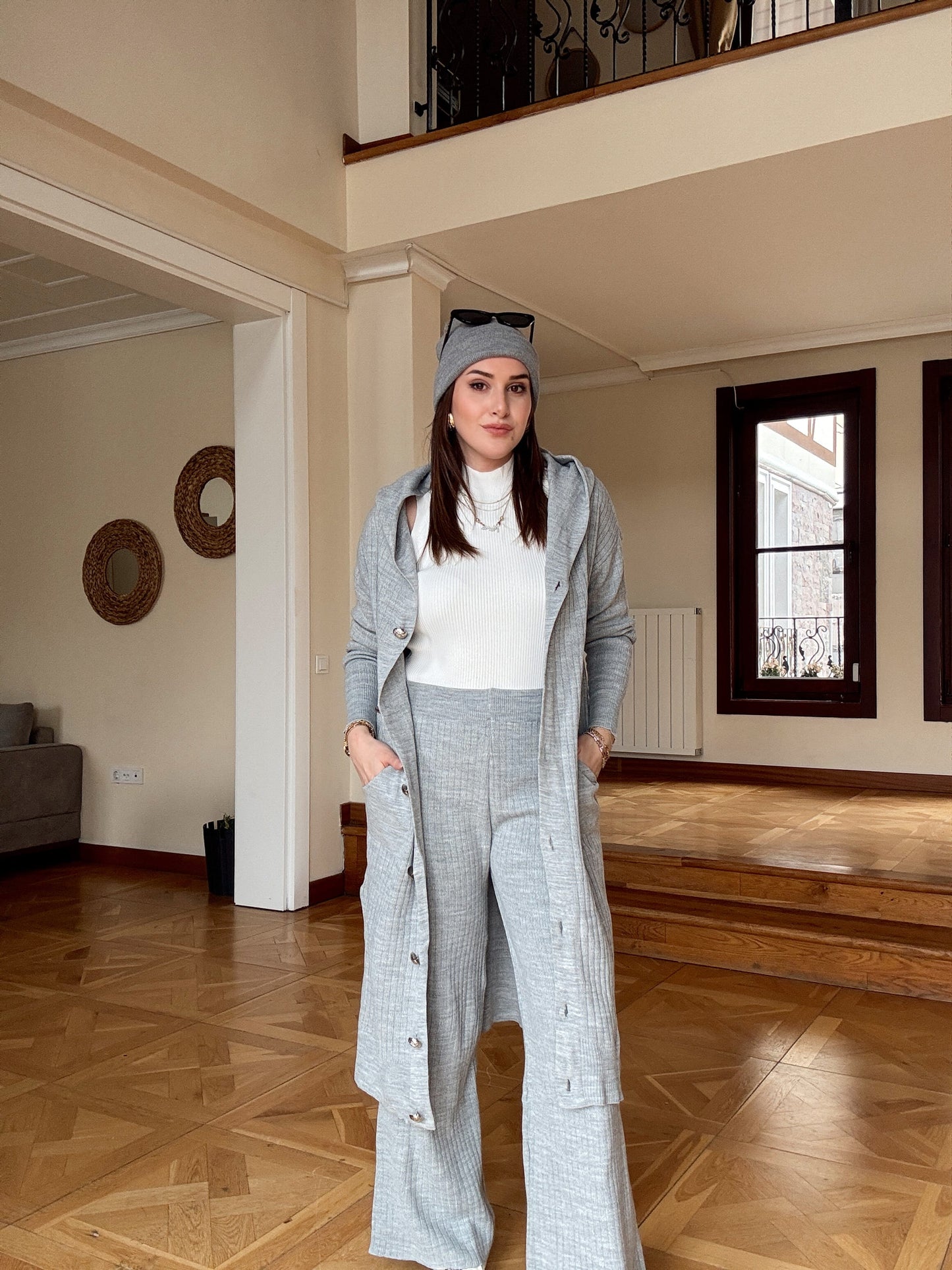 Düğmeli kapüşonlu pantolonlu takım-GRİ