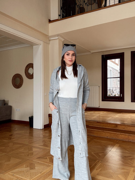 Düğmeli kapüşonlu pantolonlu takım-GRİ
