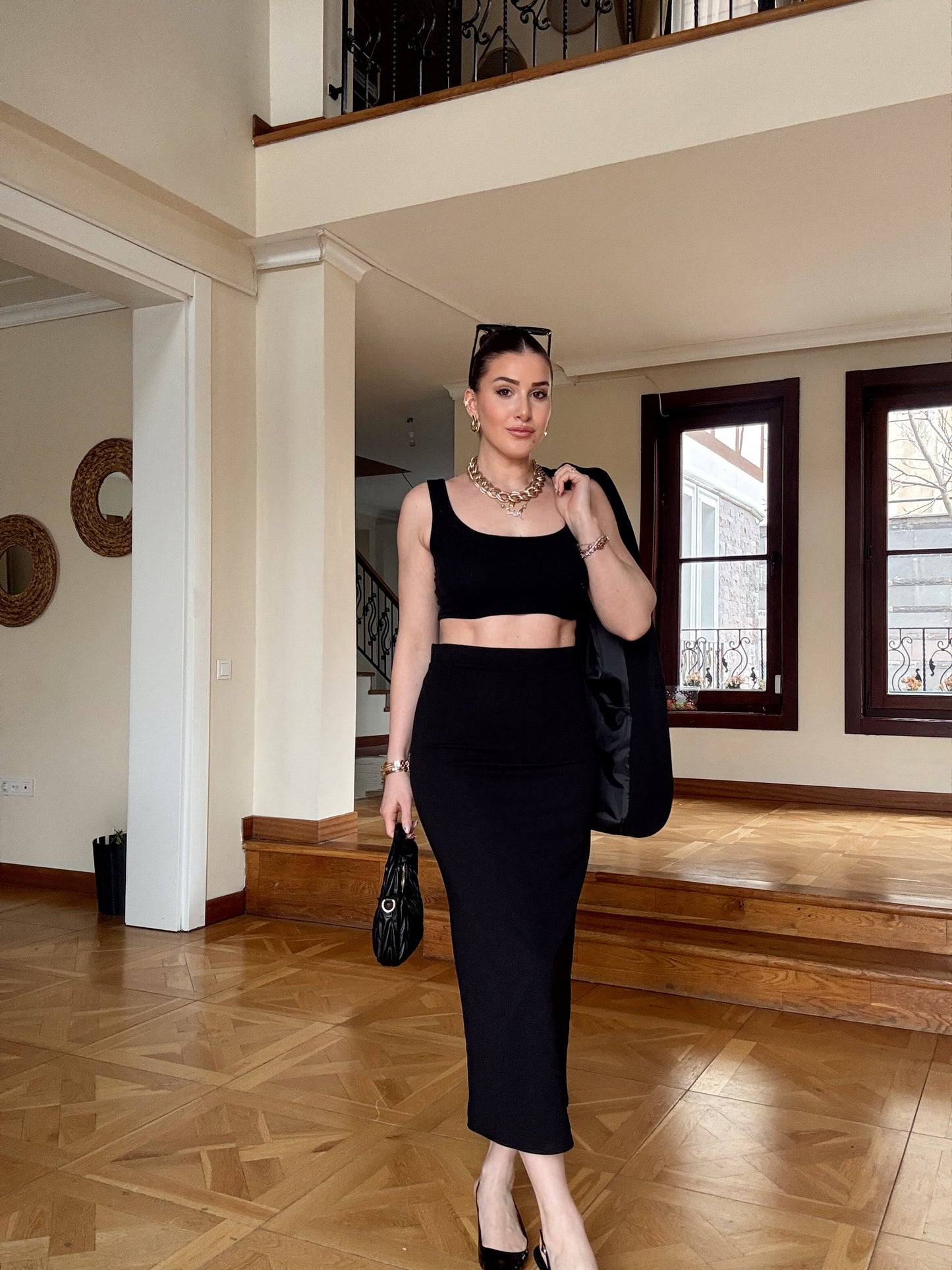 Dalgıç kumaş kalem Etek-SİYAH