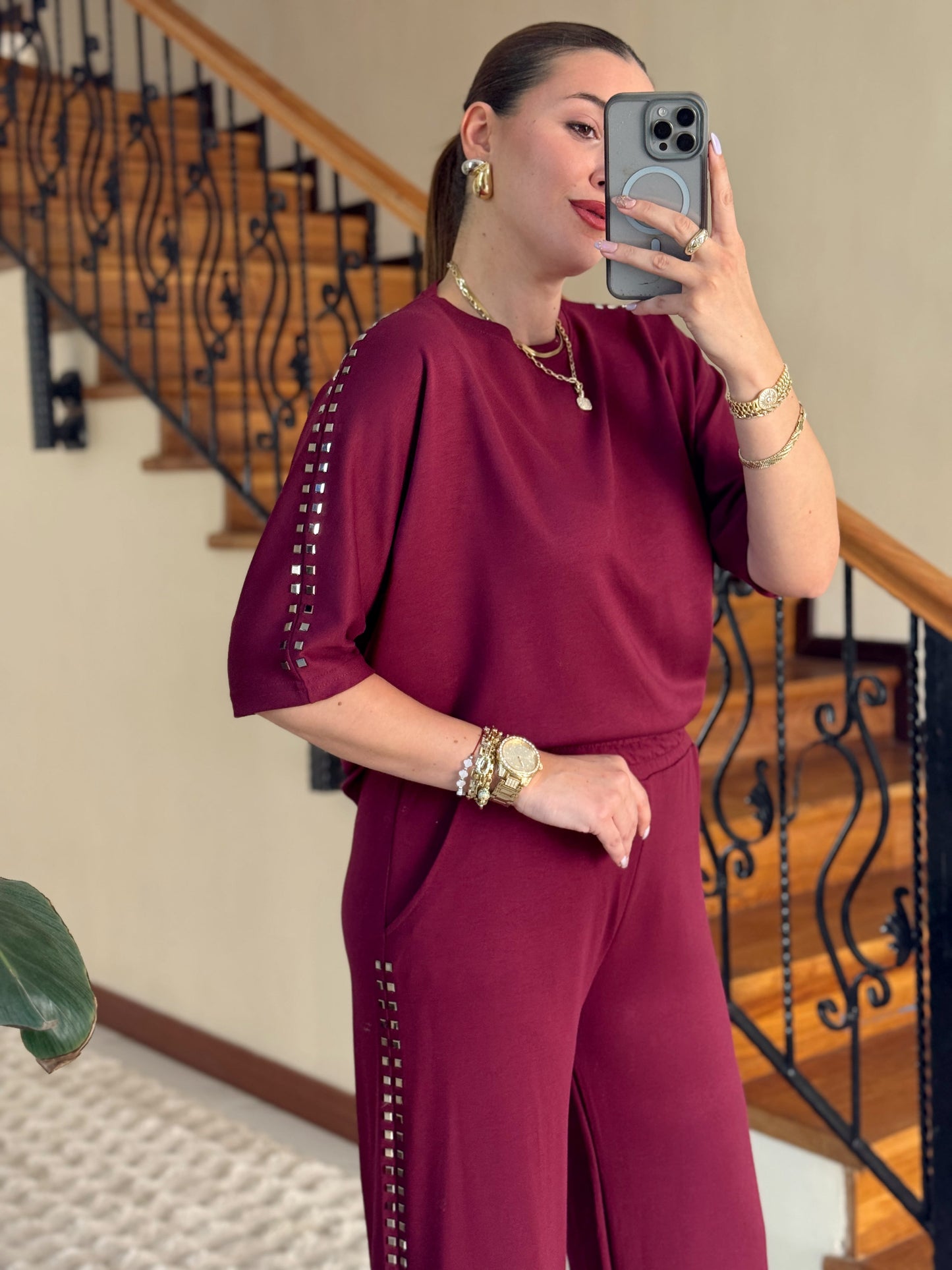 MORİNO taşlı oysh modal takım BORDO