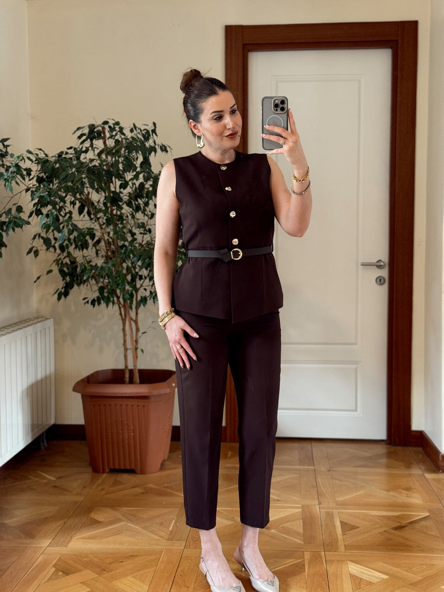 STELLA Kemerli Yelek-KAHVERENGİ