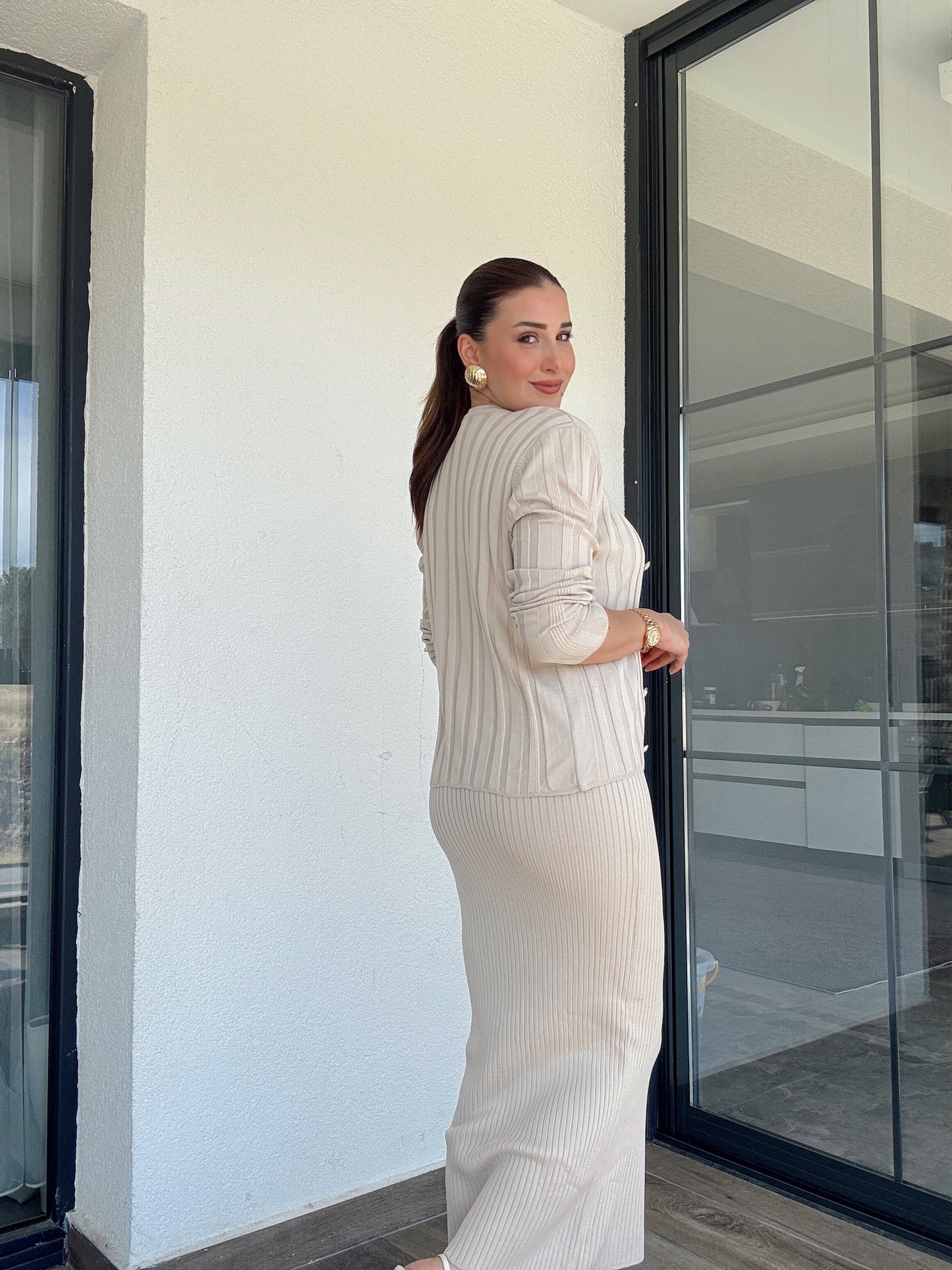 Fitilli Düğmeli Triko Takım Latte