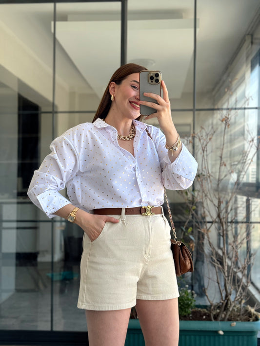 Likralı Pliseli Kot Şort - BEJ