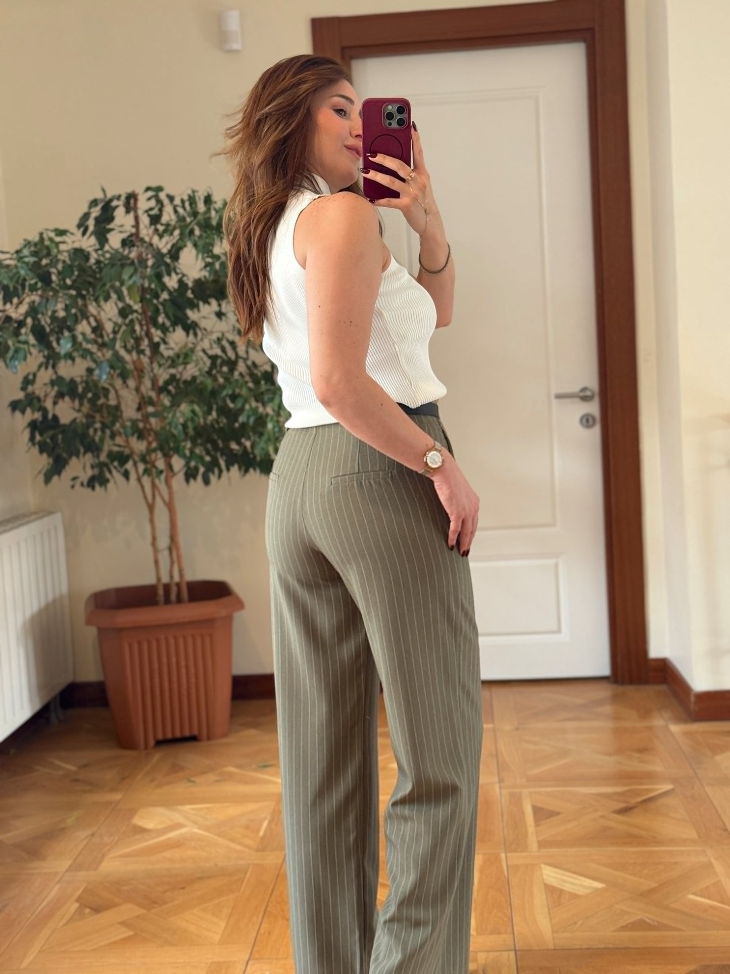 Çizgili kemerli pantolon-HAKİ