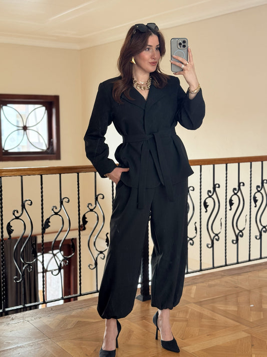 Ceket Kuşaklı Şalvar Takım-SİYAH