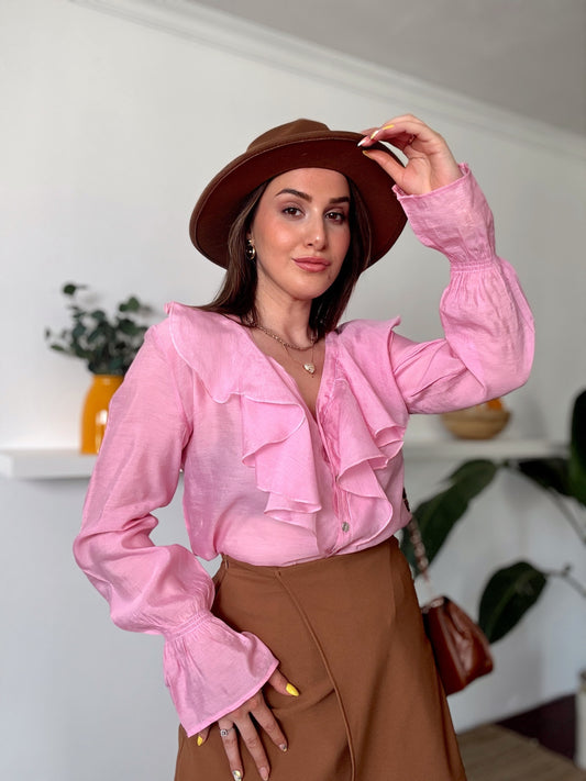 Fırfır Detaylı Aerobin Kumaş Gömlek Pembe