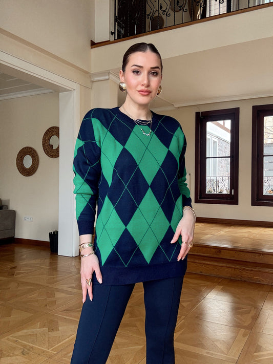 Pike Örgü Baklava Desenli Kazak Yeşil