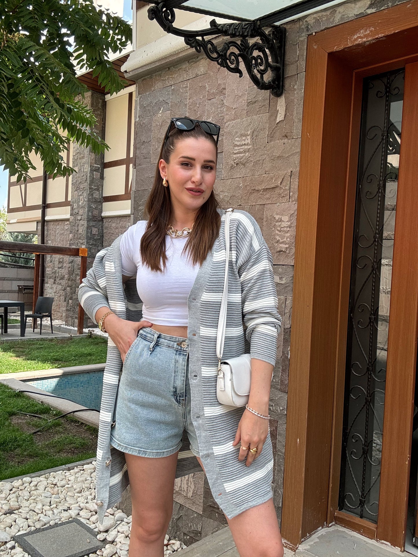 Çift Renk Çizgili Düğmeli Hırka - GRİ