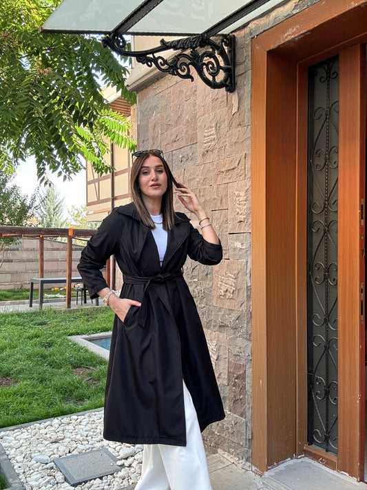 Kuşaklı UZUN ASTARSIZ Trenchcoat - SİYAH
