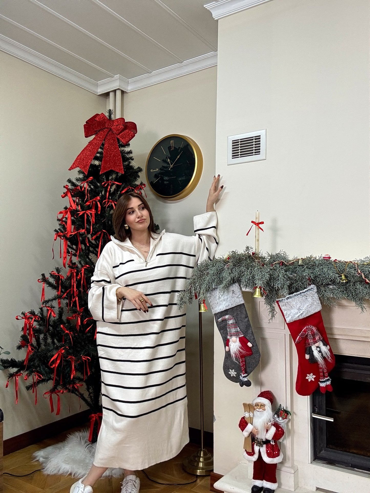 Fermuarlı çizgili triko elbise-LATTE