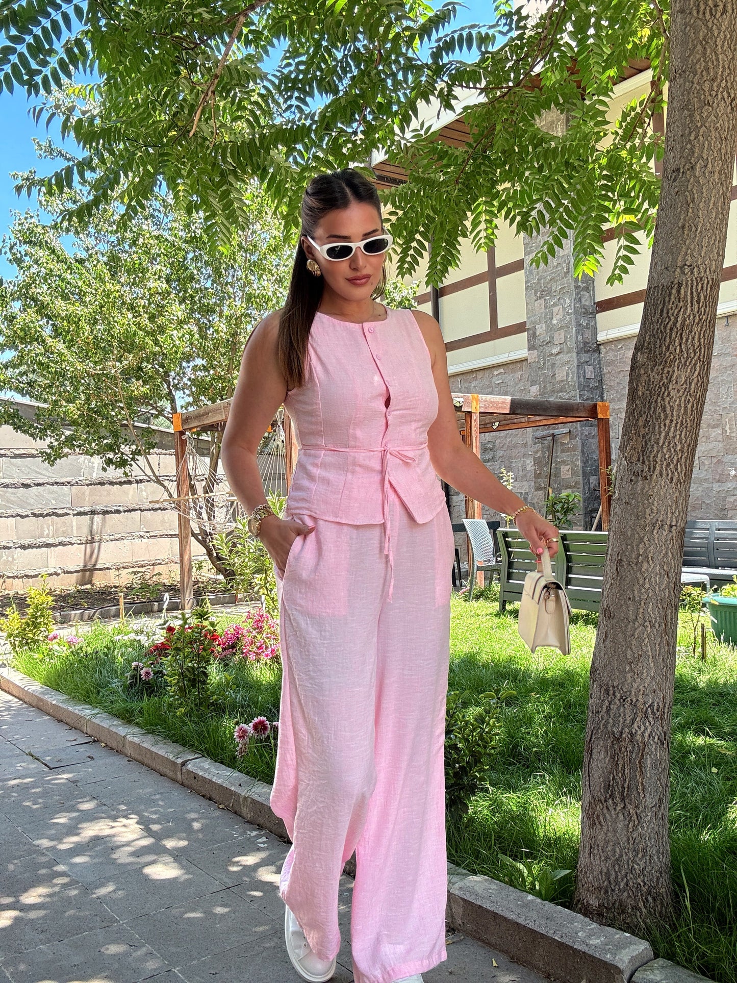 Yelekli bağlama detay keten takım Pembe
