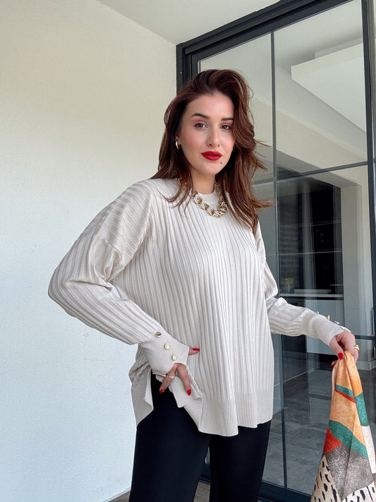 Oversize kesim kol düğmeli kazak BEJ