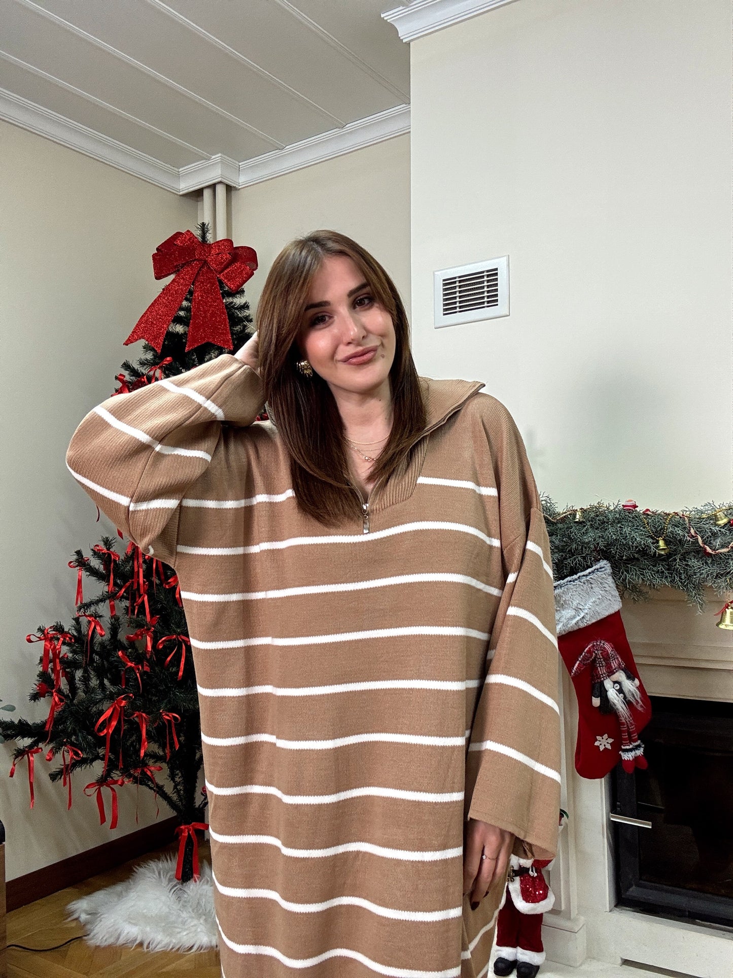 Fermuarlı çizgili triko elbise-CAMEL