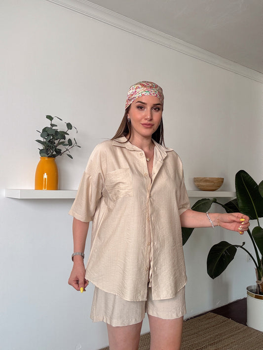 LİCARDİ keten şortlu gömlekli takım TAŞ