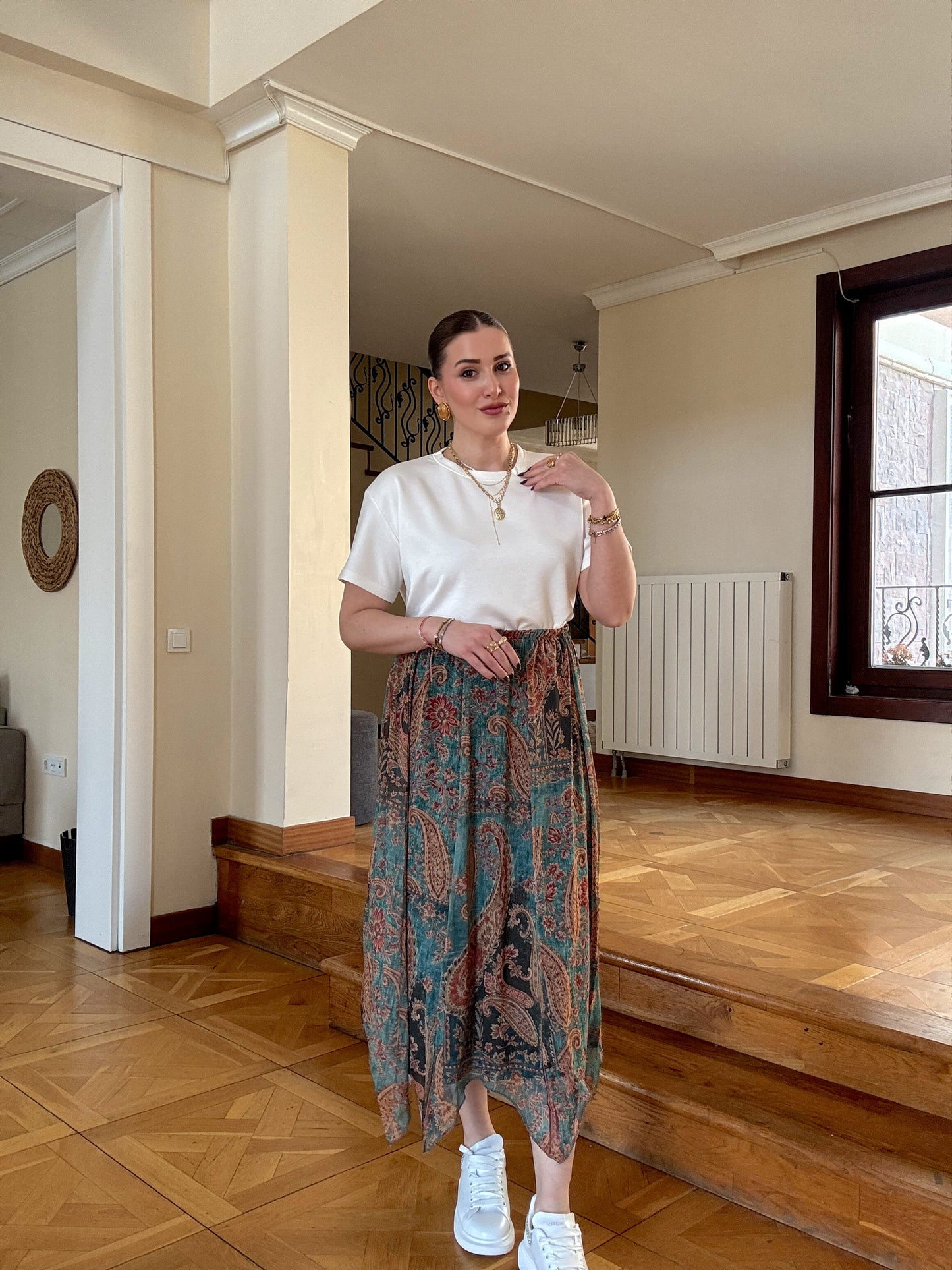 Asimetrik kesim vintage desenli şifon etek YEŞİL