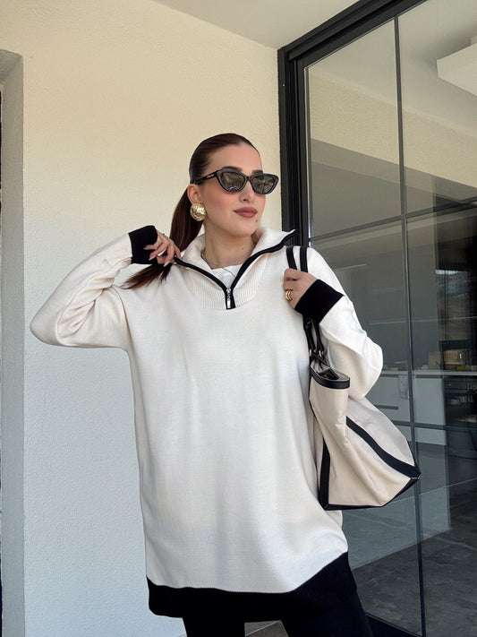 Yaka Renkli Fermuarlı Triko Kazak - LATTE SİYAH