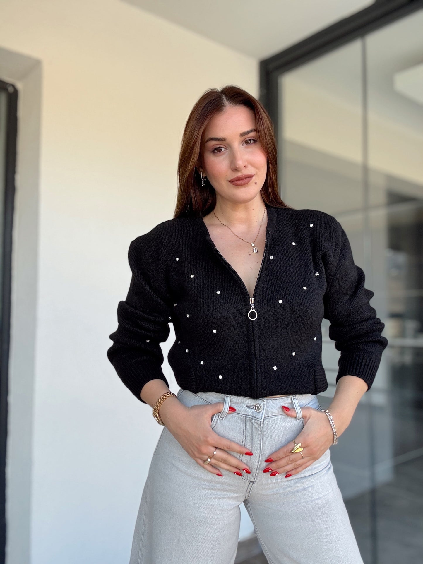 Fermuarlı Taşlı Triko Ceket Siyah