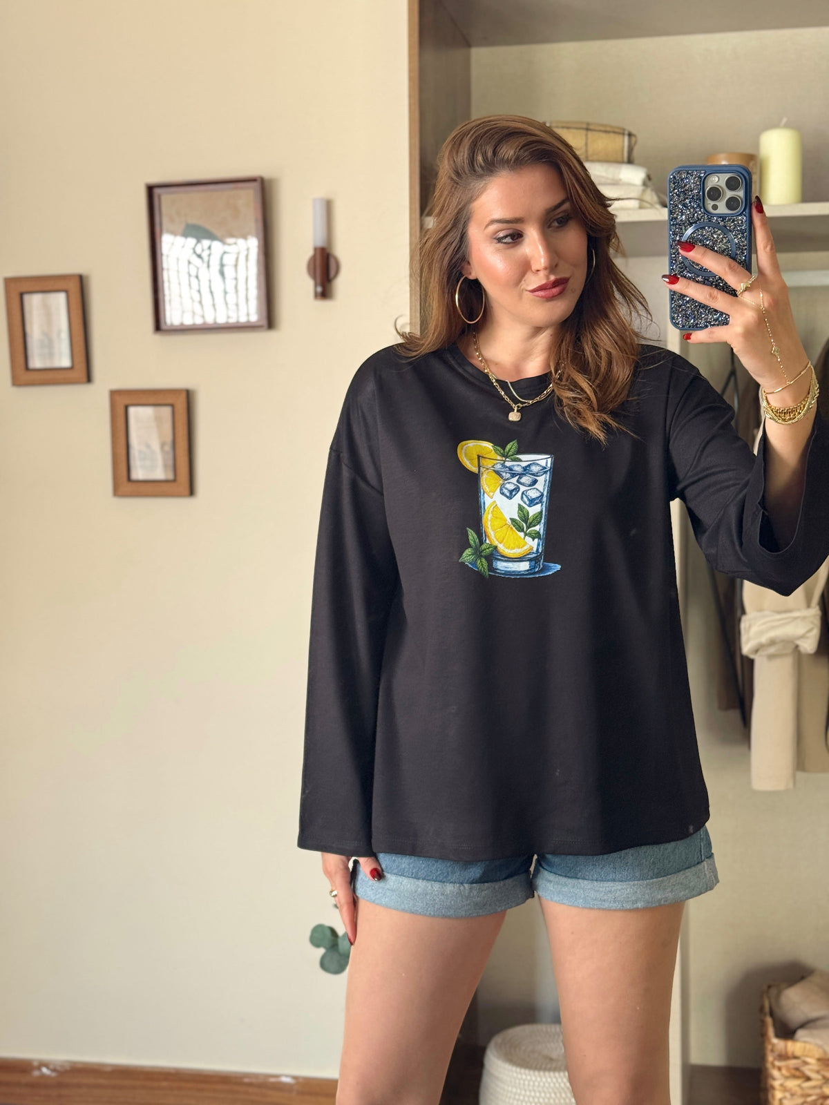 Limon buzlu bardak baskılı oversize modal sweat Siyah
